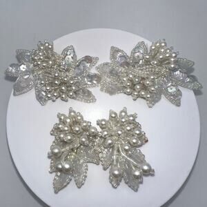 Vintage white sequins faux pearls beaded clip on earrings matching shoe clips